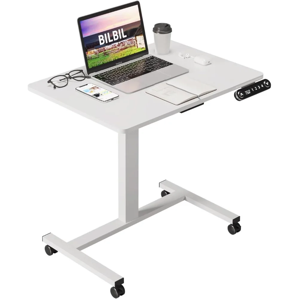 Electric Standing Desks with Lockable Wheels, 32 * 24 inch Height Adjustable Sit to Stand Desk, Overbed Laptop Table Desk