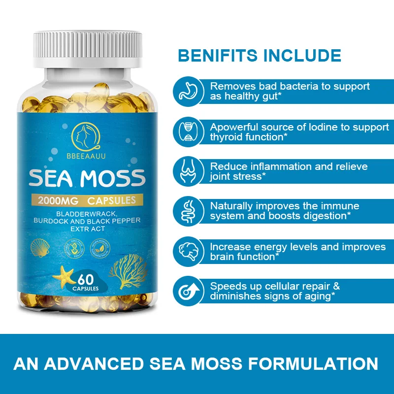 BBEEAAUU Organic Burdock Root Sea Moss Capsule Beauty Health Detox Immunity Health Clean the Intestines Adjust Thyroid Health