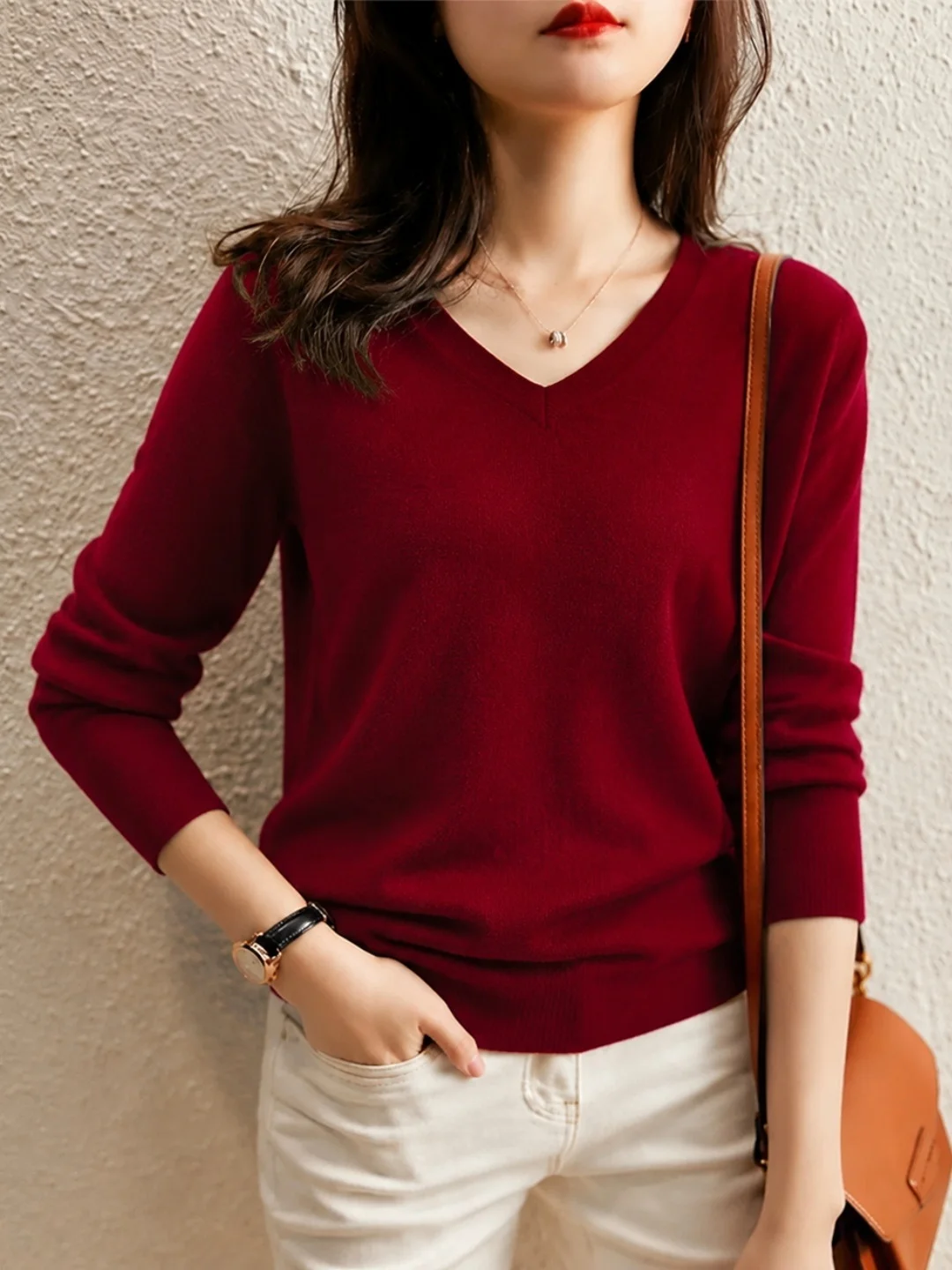 Fashionable V-Neck Knitwear Long Sleeve Crew Neck Pullover Top Trendy Elegant Korean Style Straight Cut Silk Women's Shirt