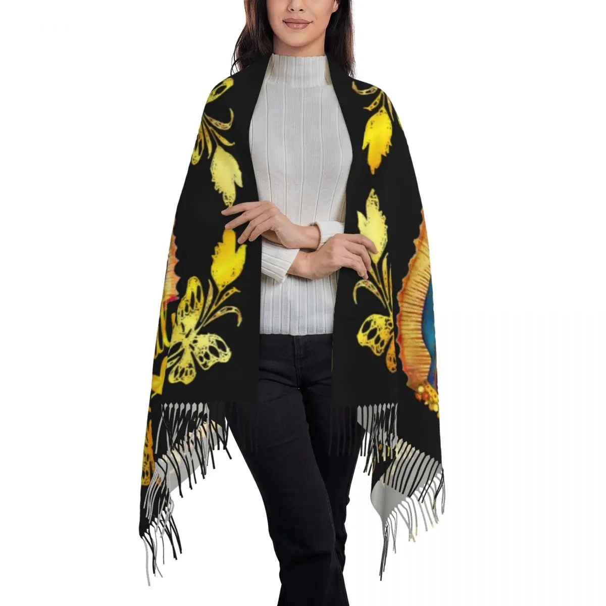 Custom Our Lady Of Guadalupe Virgin Mary Tassel Scarf Women Soft Mexico Mexican Virgen Maria Shawl Wrap Lady Winter Scarves