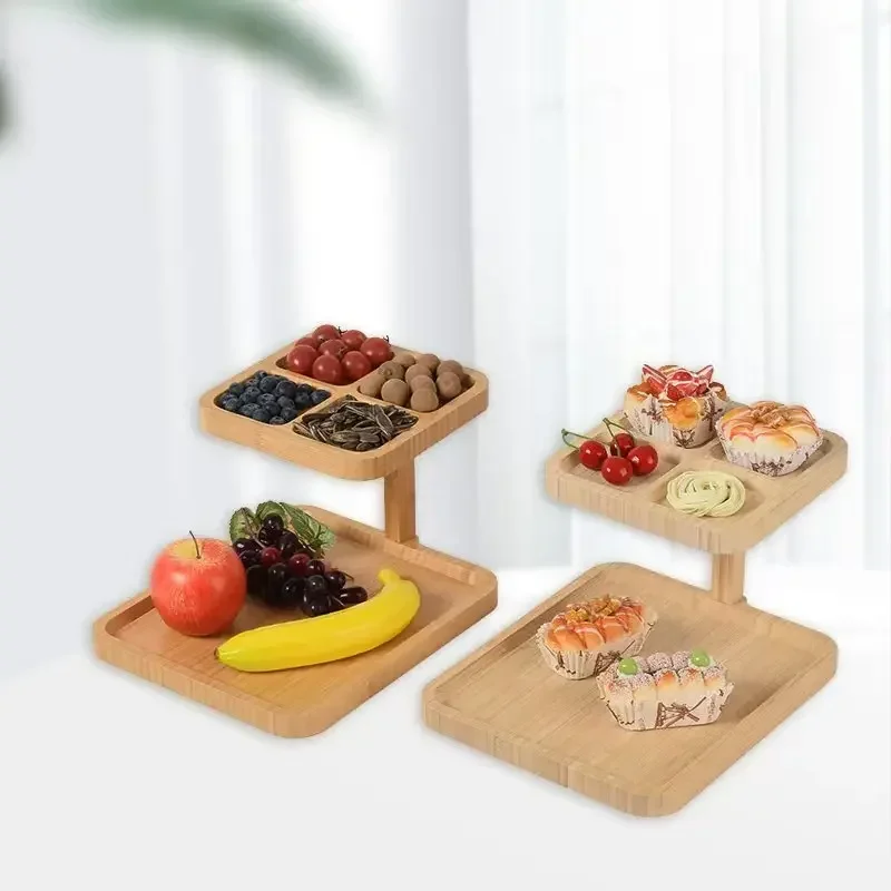 Wooden double-layer tabletop cupcake holder, snack dessert tray, removable cake compartment tray