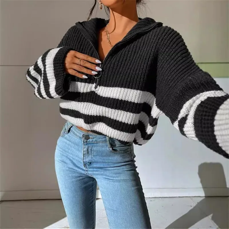 Pull ample à manches longues évasées pour femme, rayé, fermeture éclair, col montant, tricot, épais et chaud, Vintage, automne hiver 2025