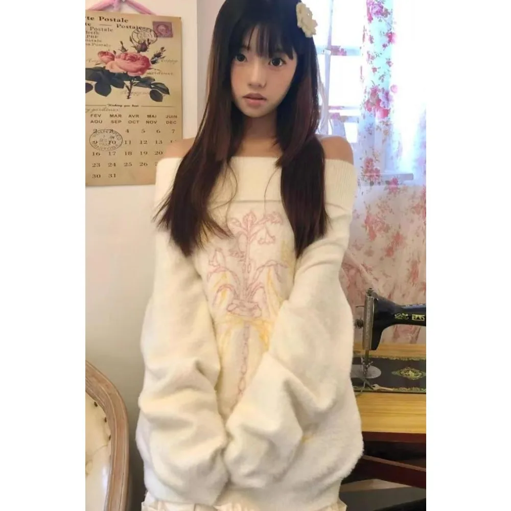 American Vintage Autumn Sweaters Casual Women Long Sleeve Slash Neck Kniited Jumpers Y2K Vintage Subculture Kawaii Girl Clothing