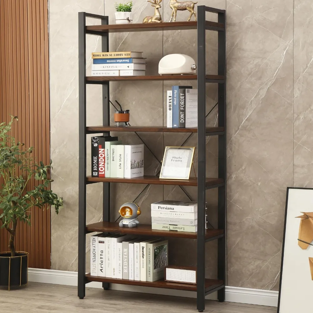 

"natural wood 6-tier industrial style open bookshelf with metal shelves for storage"