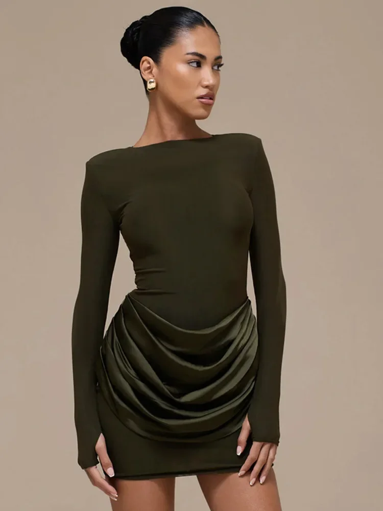 

Long Sleeve Ruched Sexy Mini Dress Women Gown Elegant Satin Patchwork O Neck High Waist Club Party Dresses Fashion