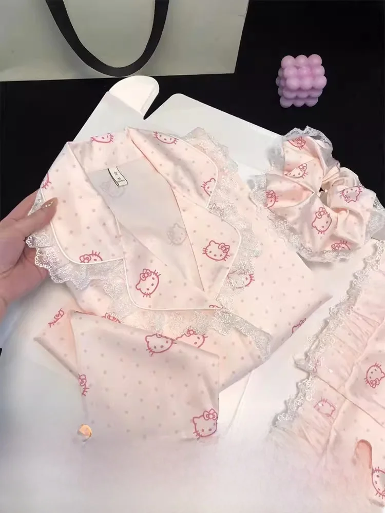 2026-新しい漫画ポルカドットアイスシルクパジャマ女性の長袖甘いレースエッジハイエンドホーム服屋外に適しています