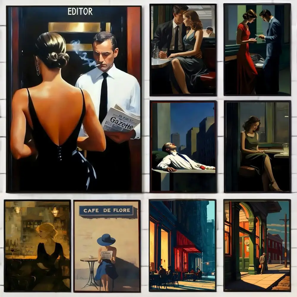 Edward Hopper City Painting Calligraphy Stylish Wall Art Poster, Bedroom Living Room Home Decor Gift