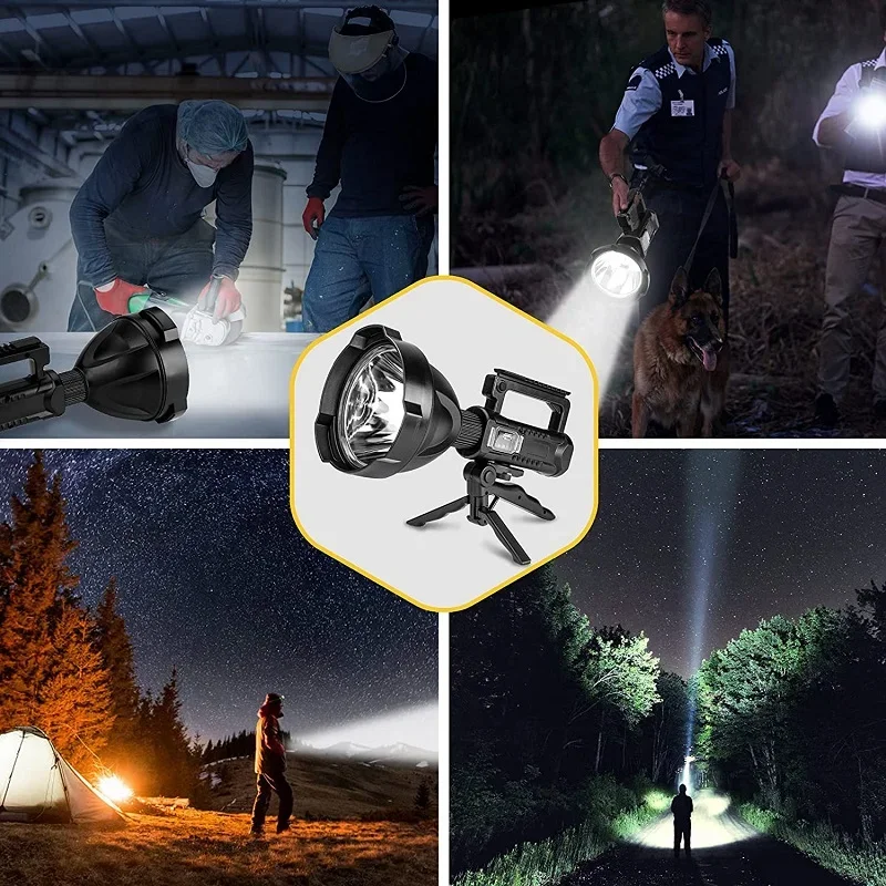 Torcia ricaricabile con faretto Torcia ad alto lume Proiettore a LED super luminoso con treppiede Uscita USB Faretto portatile impermeabile