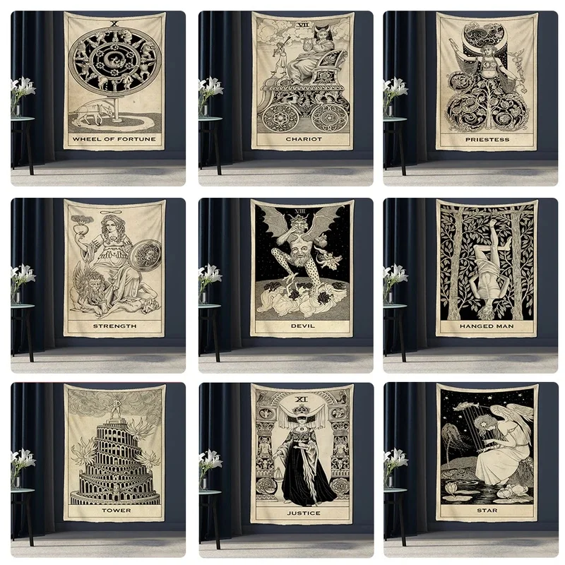 VIKAMA Vintage Tarot Card Tapestry, Medieval Occult Divination Wall Hanging, Mystic Witchy Cloth Poster for Bedroom Home Decor