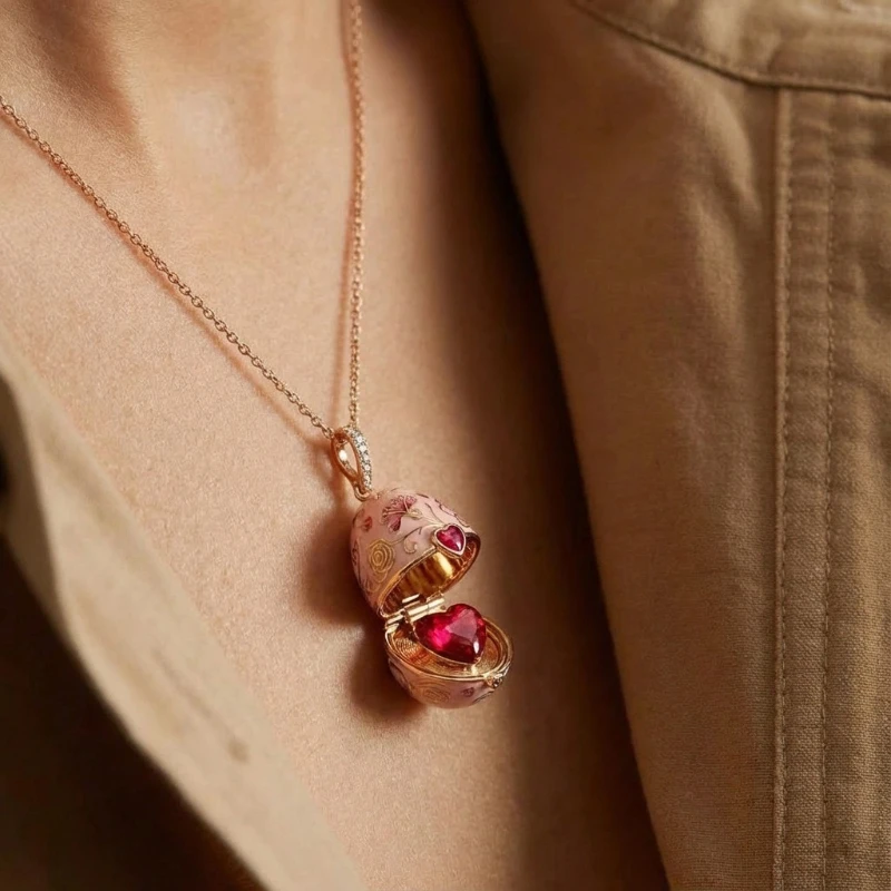Vintage Egg Shaped Flower Pendant Heart Zircon Necklace for Women Unique Openable Design Versatile Birthday Jewelry Accessories