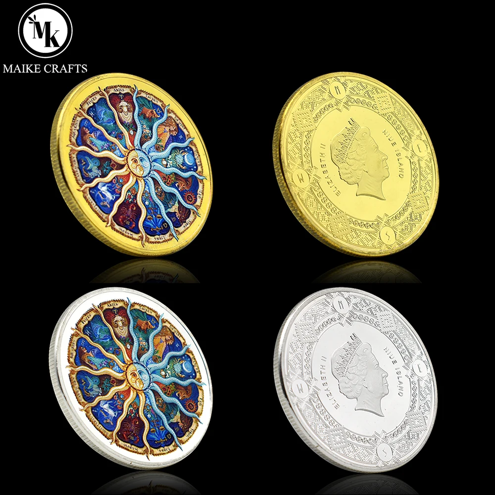 

Twelve Constellations Lucky Coin Elizabeth II Commemorative Coin Metal Medal Sun and Moon Challenge Coin Gift Collection