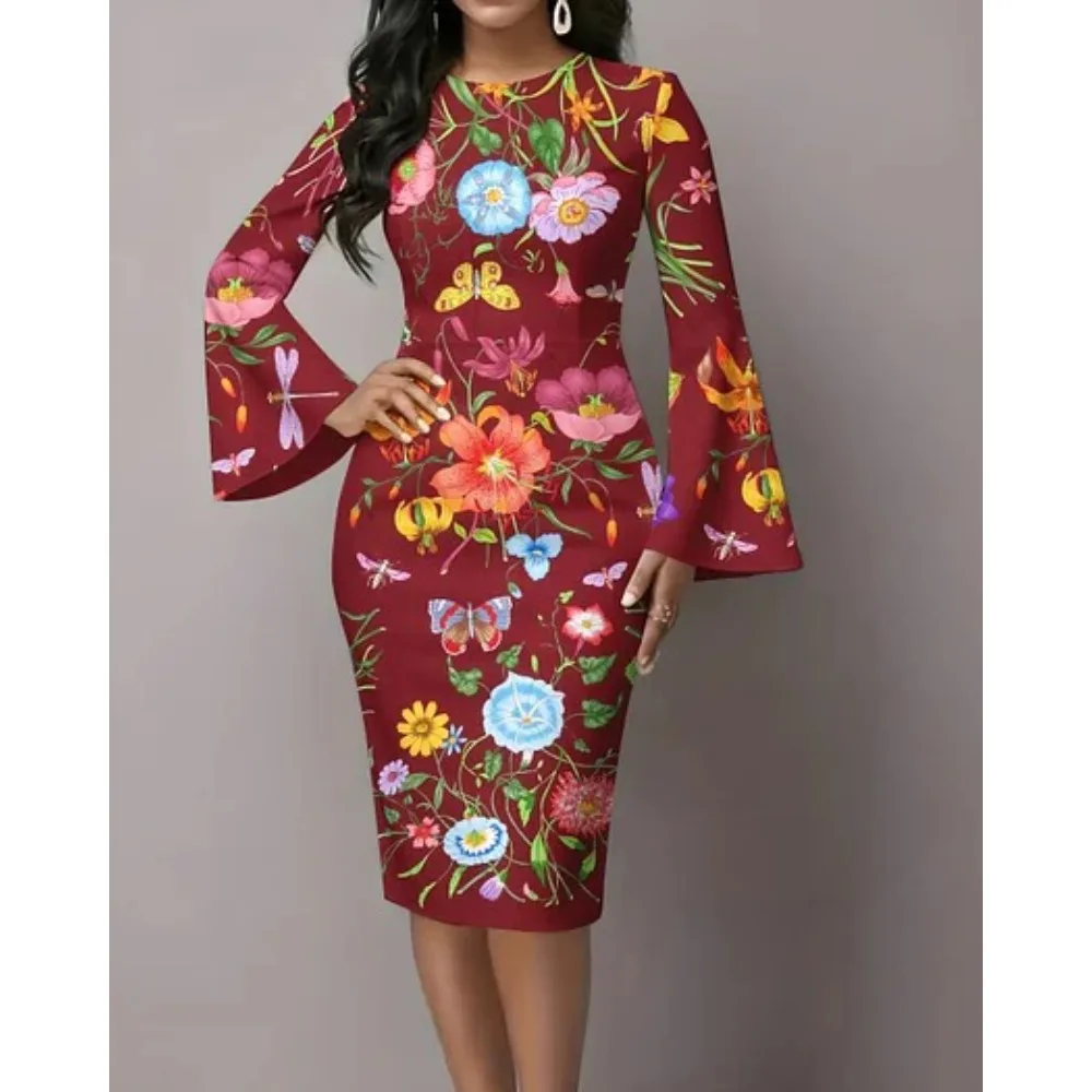 Women's Elegant Bodycon Dress with Flared Sleeves Unique Blue & Gold Metallic Swirl Print Boho Chic Midi Dress for Night Out