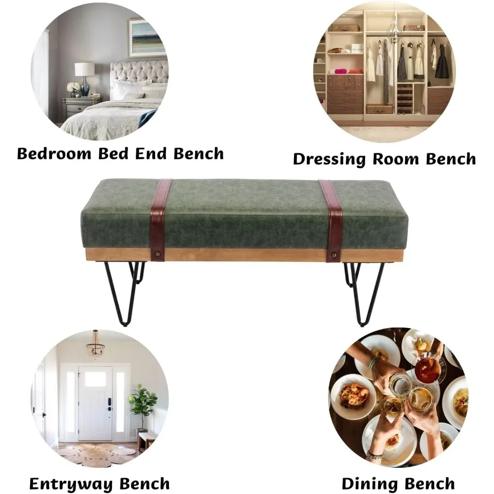 Moderne Aufbewahrungsbank aus Kunstleder mit Haarnadelbeinen für den Eingangsbereich und im Industriestil