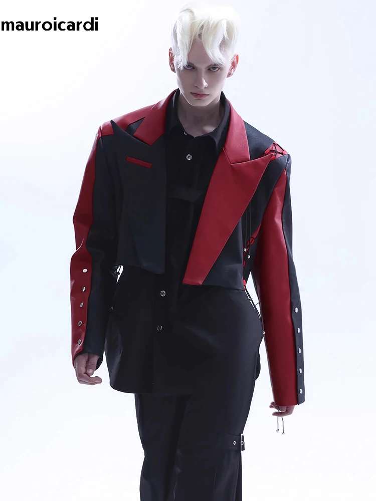 Mauroicardi Spring Autumn Cool Short Black and Red Color Block Pu Leather Jacket Blazer Men Long Sleeve Lace Up Clothes 2023