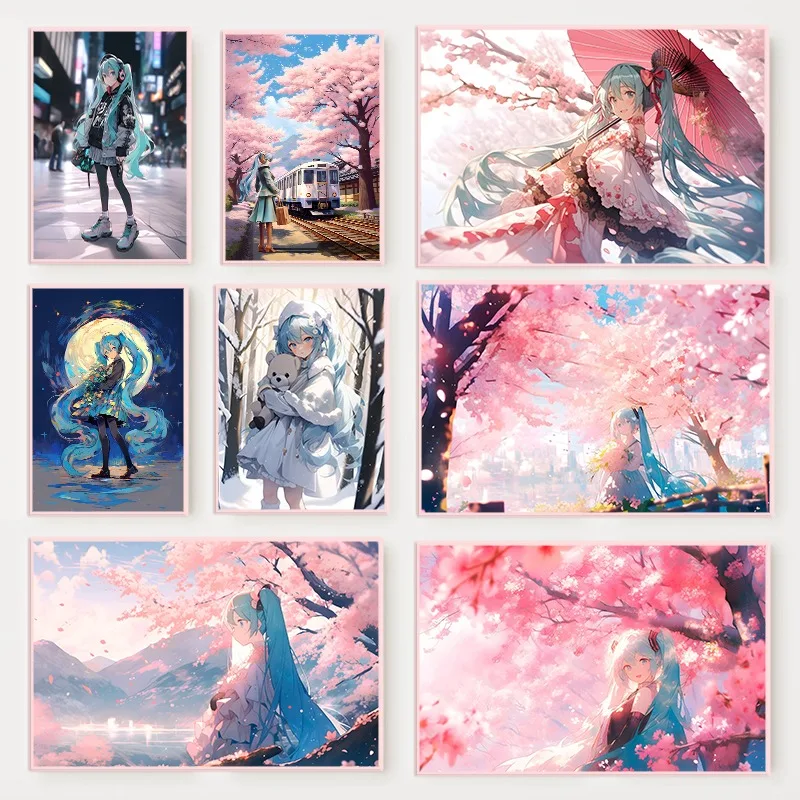 Ídolo japonés chica de pelo azul Anime cantante cartel Tokio Japón ciudad Sakura lienzo pintura pared arte habitación decoración del hogar regalo de jugador