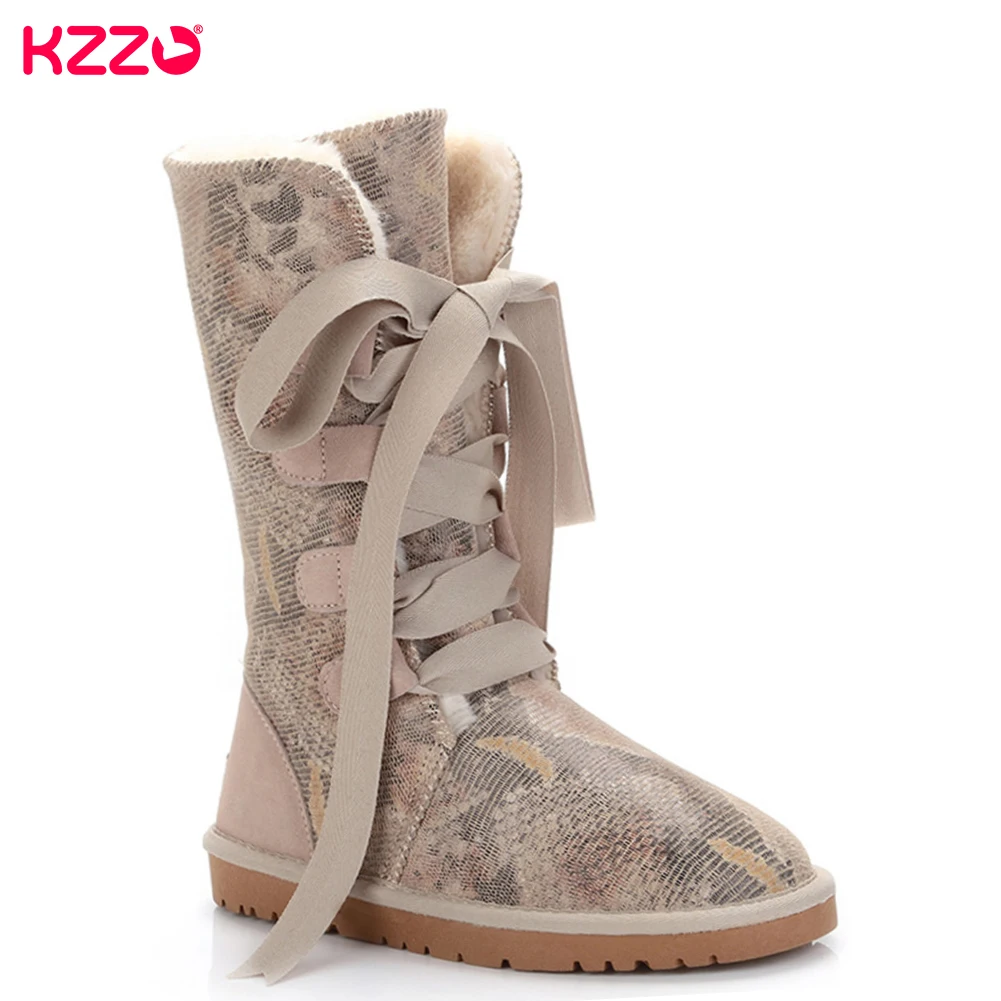 KZZO Top Quality Natural Wool Lined 100% Genuine Leather Winter Snow Boots For Women Casual Knee-high Boots Warm Shoes Non-slip