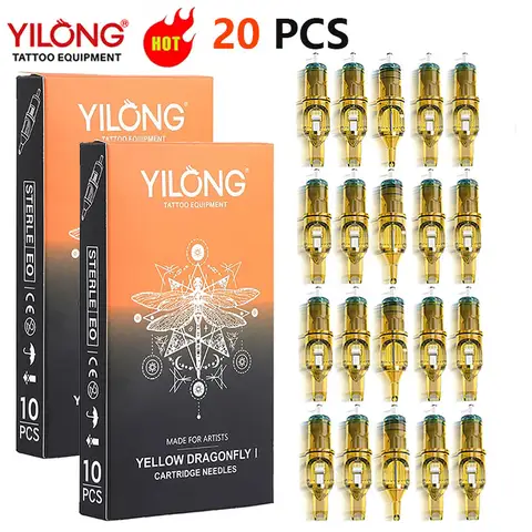 20pcs Yellow Dragonfly Tattoo Cartridge Needle 1 3 5 7 9 11 13 14 15 RL RM RS M1 For Tattoo Machine Pen Needle Accessories