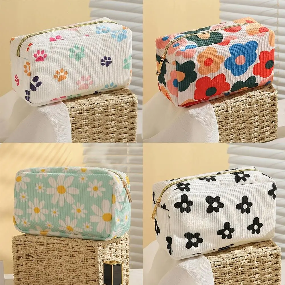 Makeup Brush Skincare Corduroy Makeup Bag Fashion Printed Large Capacity Toiletry Organizer Bag Travel Zipper Pouch for Women