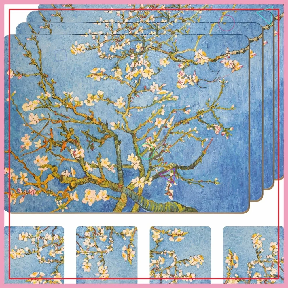 

4-Piece Heat-Resistant Cork Placemat Set with Matching Coasters, Blue Botanical Design, 16x12 Inches