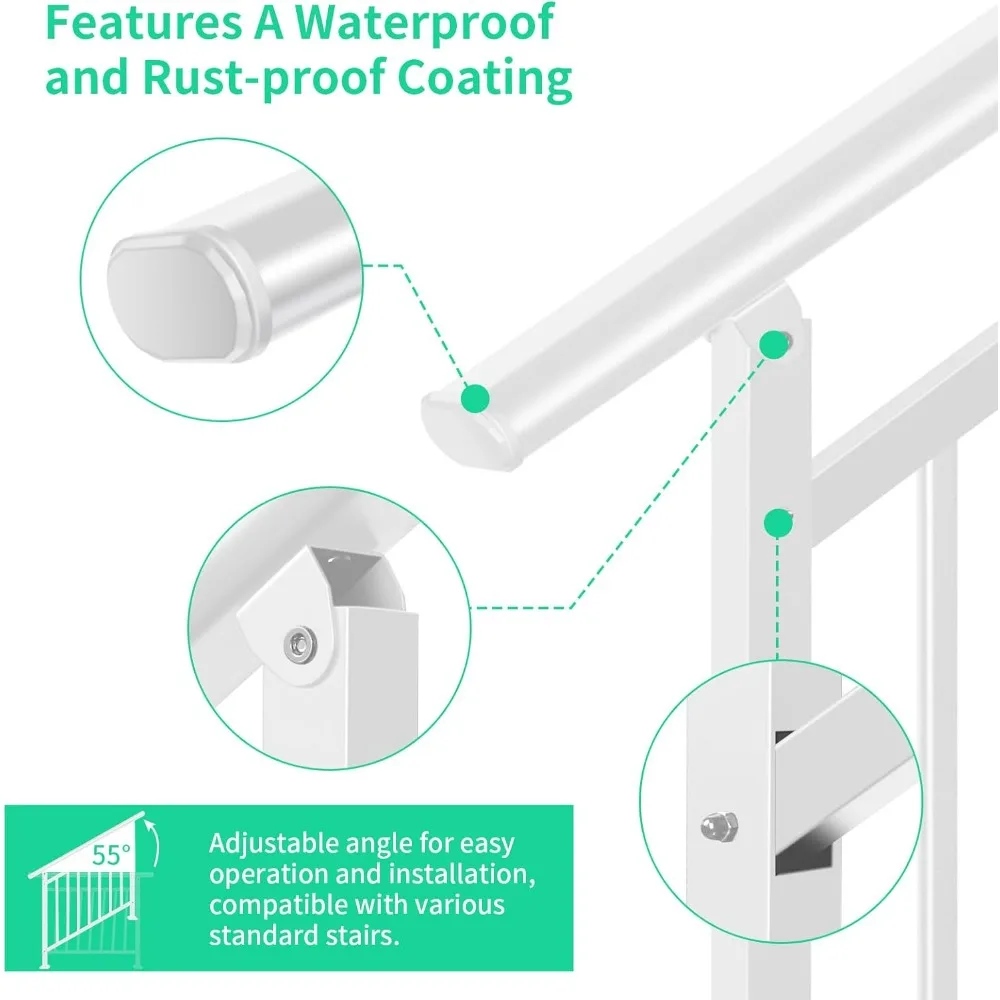 درابزين سلالم خارجي معدني أبيض مع درابزين قابل للتعديل لخطوات واحدة ومجموعة التثبيت #3
