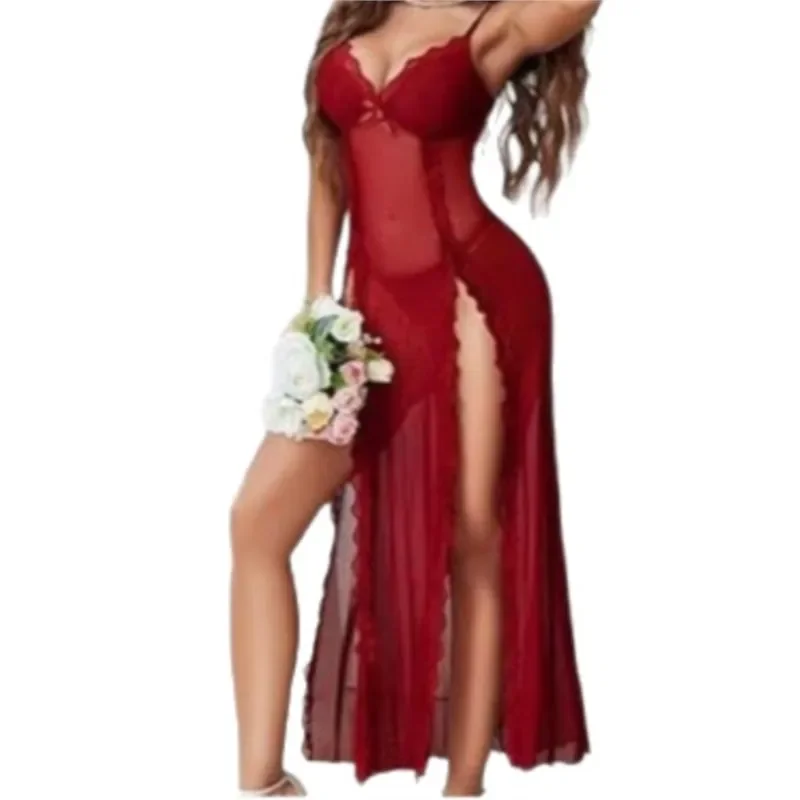 Abiti da donna Lingerie sexy Prospettiva Camicia da notte a V profonda Gonna lunga con spacco alto Vedere attraverso Abito da notte lungo Abito da pigiama da donna