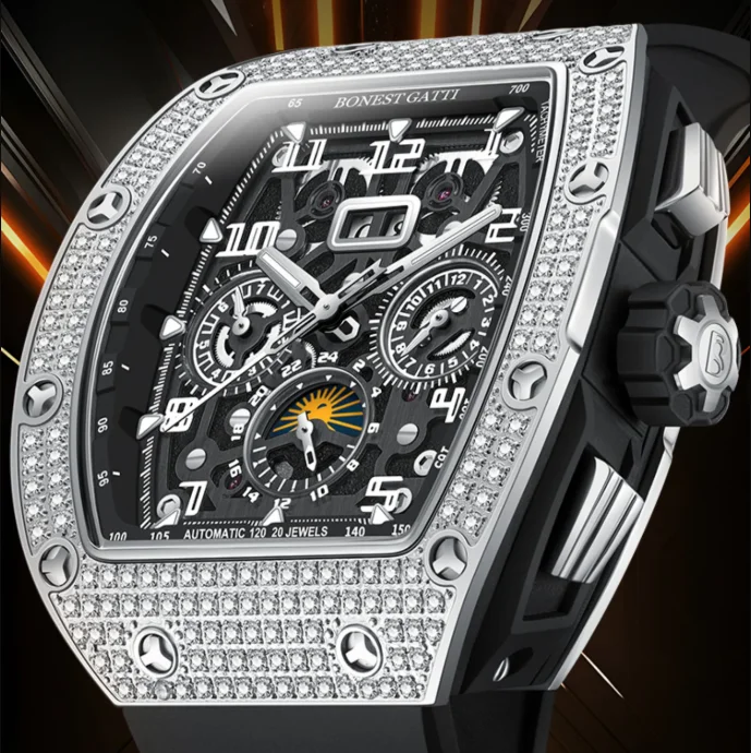 

BONEST GATTI Мужские автоматические часы 44 мм * 52 мм Механические наручные часы Tonneau с сапфировым стеклом Светящийся мультициферблат Месяц Неделя Дата 24 часа