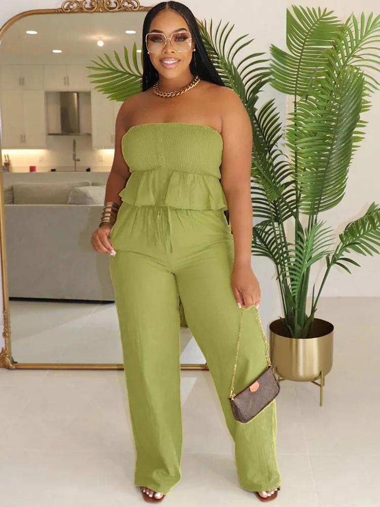 Solid Elegant Wide Leg Pants Set Women 2 Piece Outfit Summer Holiday Ruffles Strapless Tube Top and Loose Pants Matching Sets