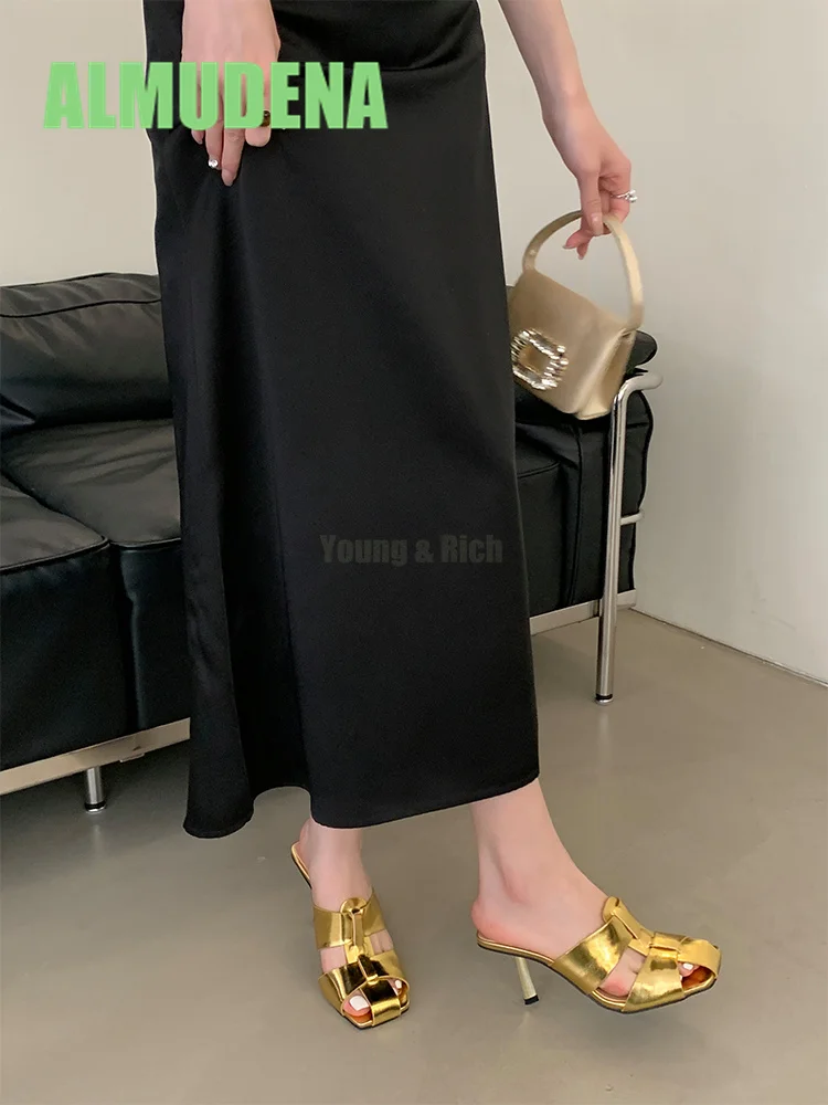 

Golden Square Headed Slippers Fashionable New Style Slim Heel with Hollow Toe Design Versatile Temperament High-Heeled Sandals