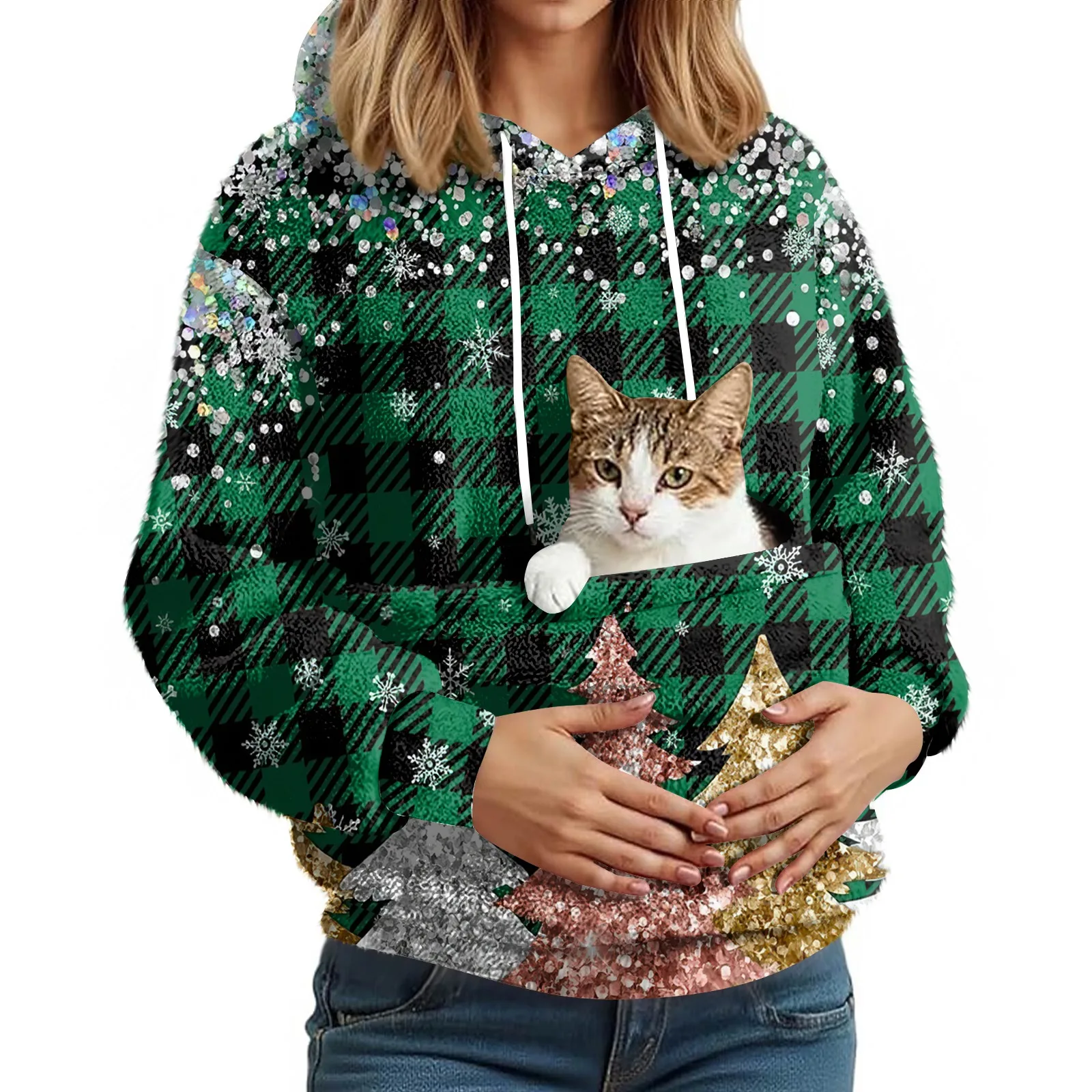 여성용 패셔너블 캐주얼 플리스 안감 긴 소매 포켓 후드 프린트 스웨트셔츠 여성 의류 겨울 의류 여성