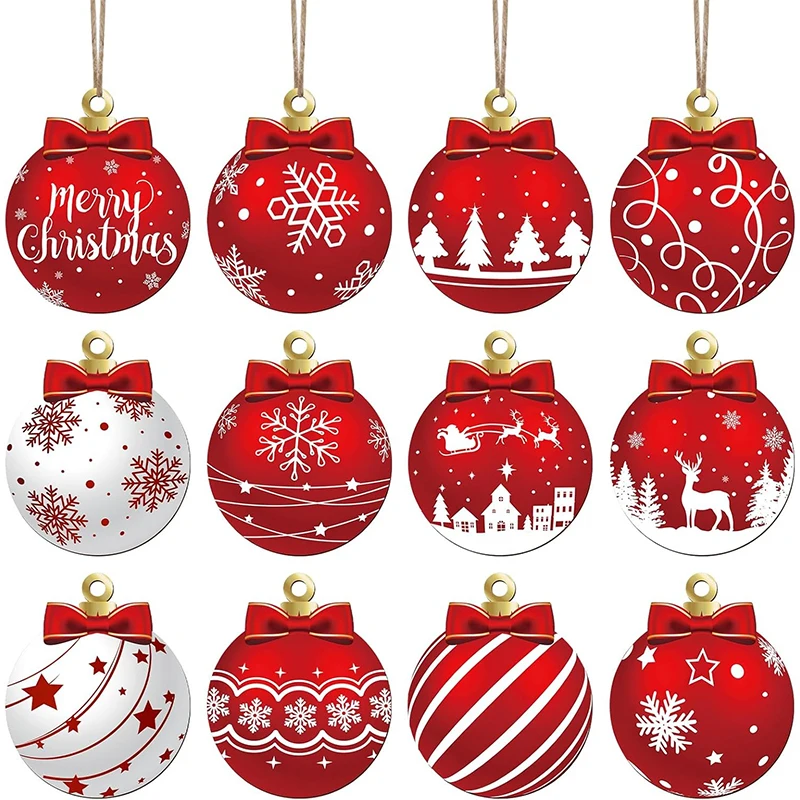 

12Pcs 7cm Red White Wooden Christmas Tree Decorations Christmas Hanging Ornaments for Home Winter New Year Decor Party Supplies