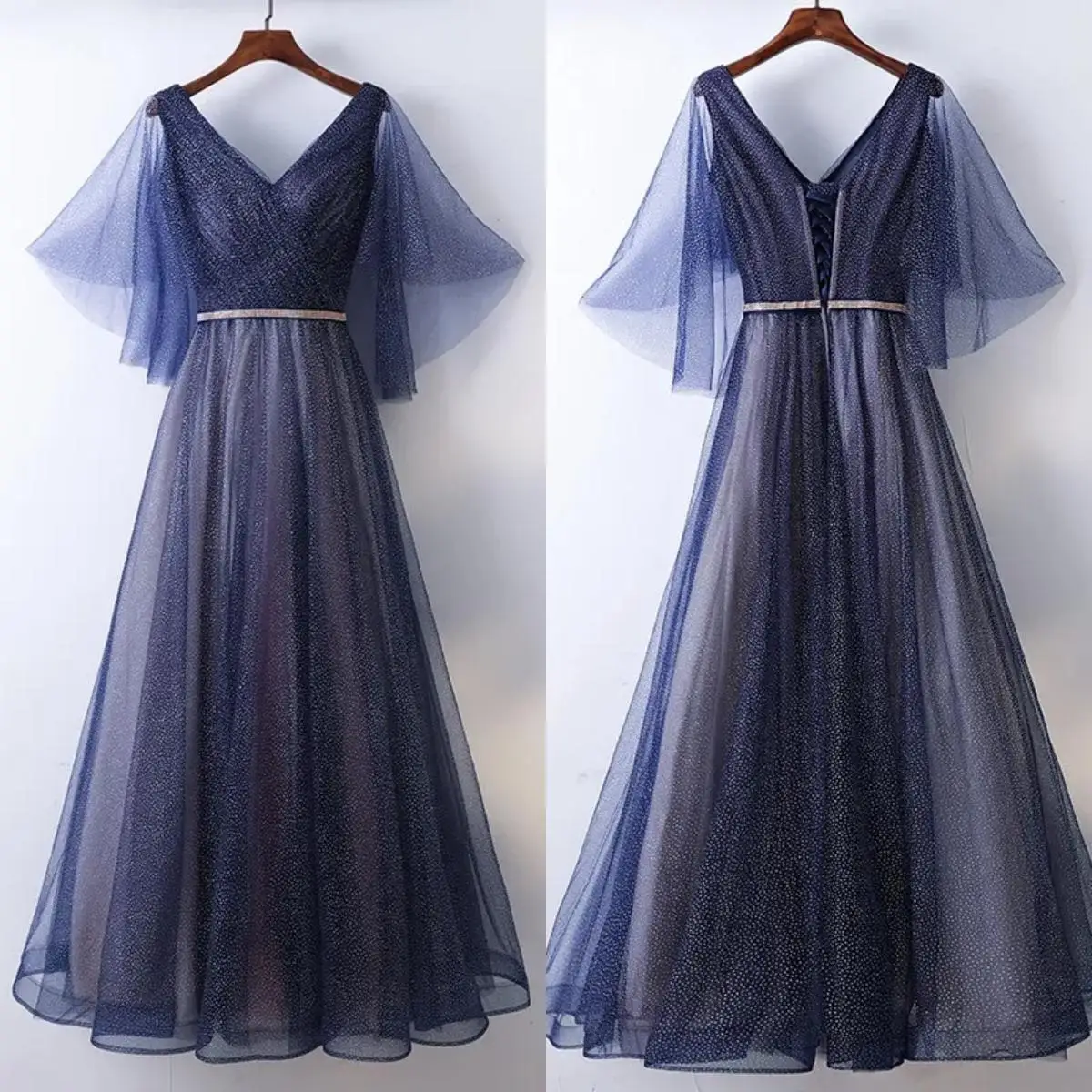 

Evening Dress Navy Blue Bling Pleat V-neck Half Sleeves Lace up A-line Floor Length Simple Plus size Women Party Formal Gown