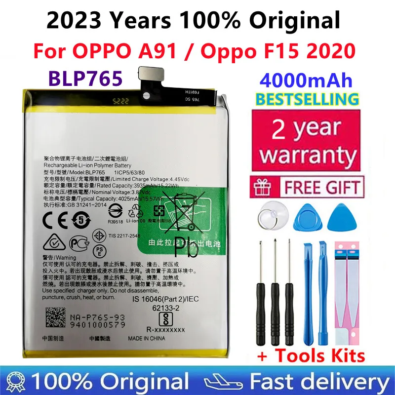 

100% Original High Quality 4000mAh BLP765 Replacement battery For OPPO A91 F15 CPH2001 CPH2021 mobile phone batteries Bateria