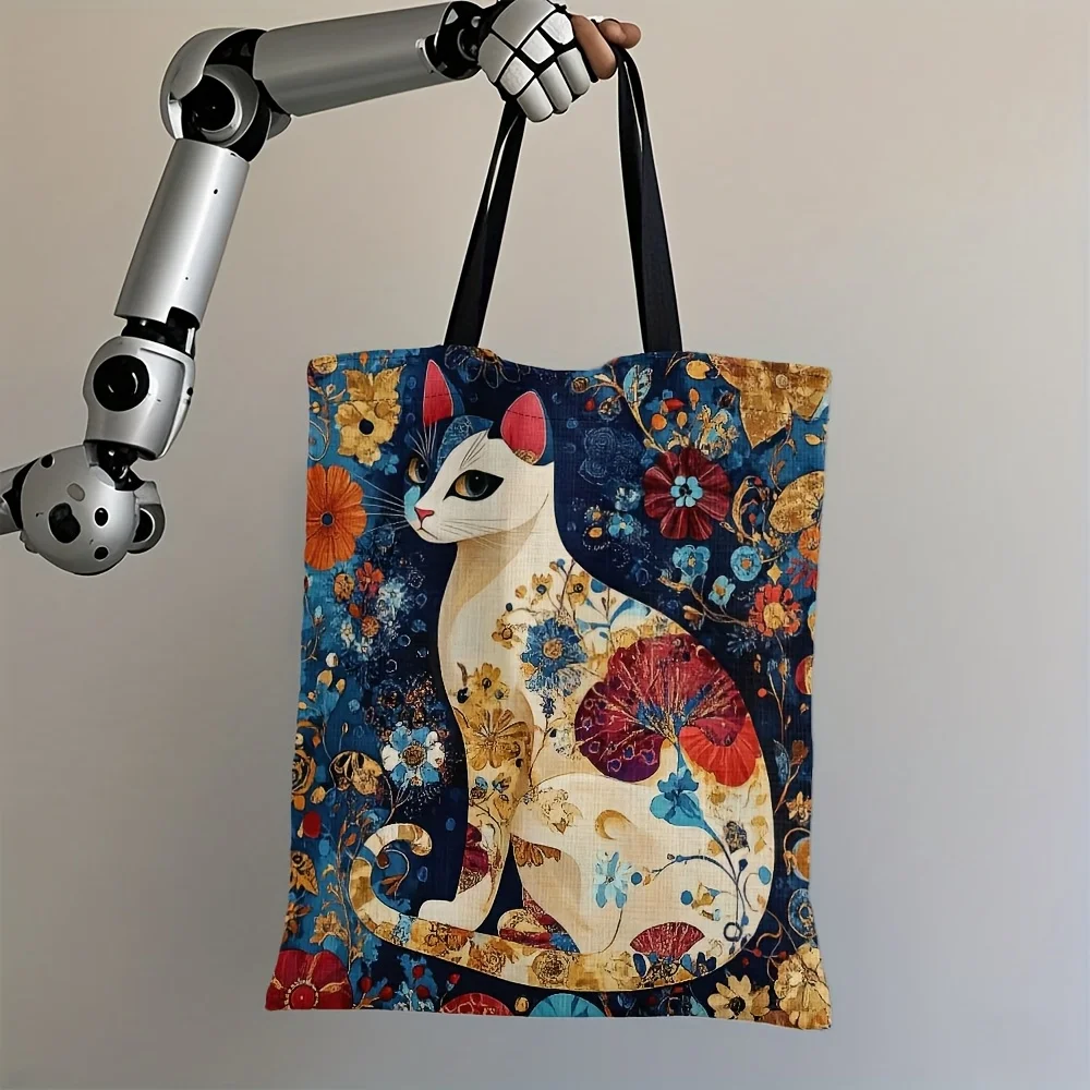 1pc Tote Bag with A Floral Cat Design Stylish Shoulder Bag for School Lightweight Shopping Bag for Giving As A Gift To Family