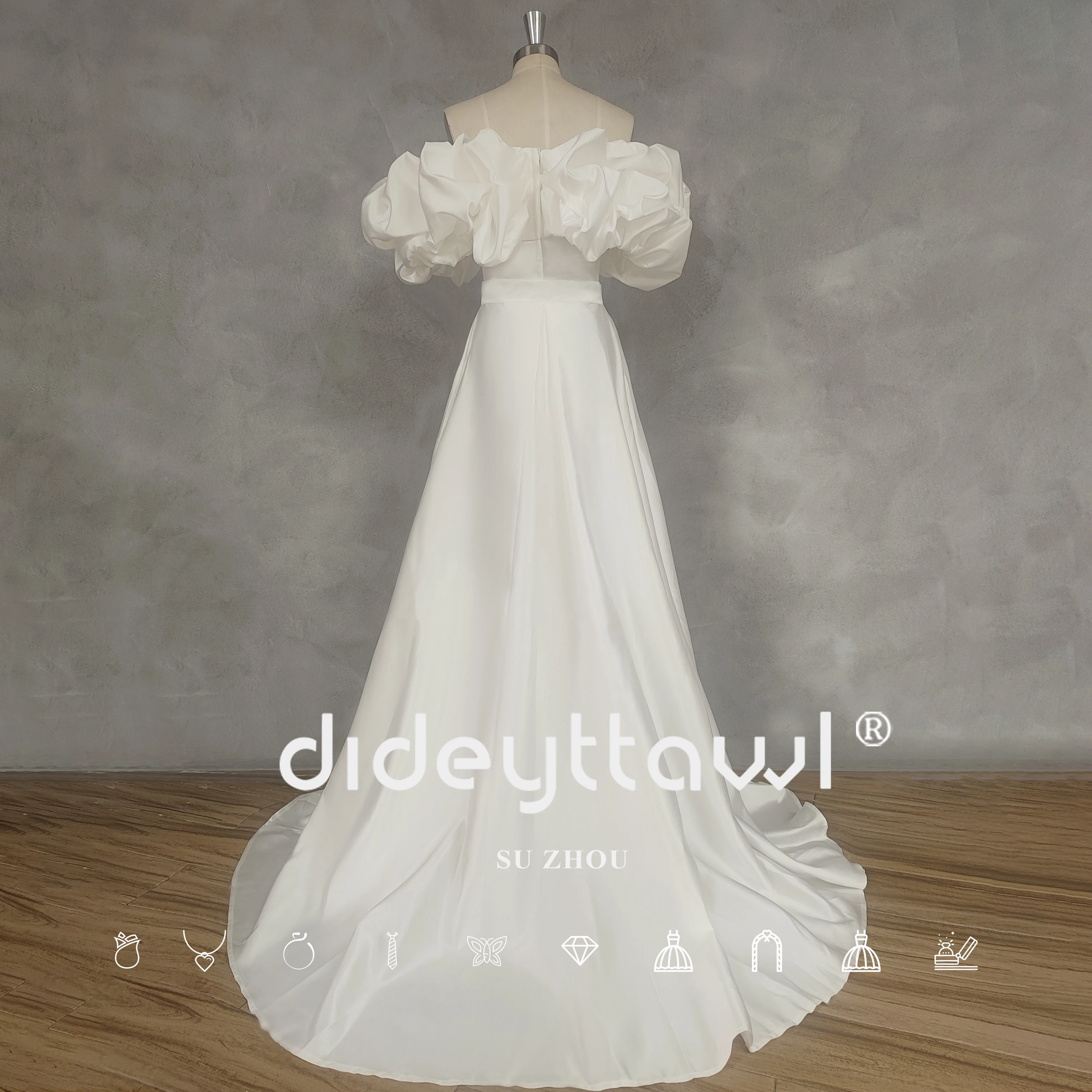 DIDEYTTAWL Real Picture Simple Off-ShoulderA-Line Wedding Dress Zipper Back Satin Detachable Sweep Train Bridal Gown