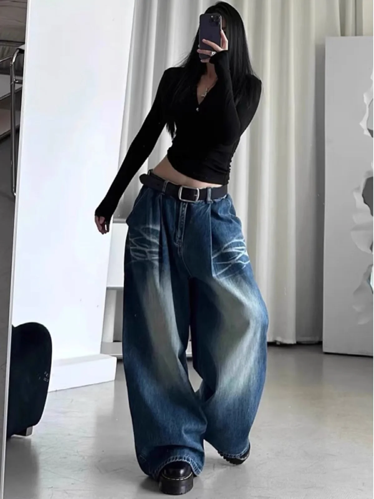 High Waist Wide Leg Women's Jeans American Waed Denim Pants Loose Straight Cut Trousers Floor-Length Autumn Winter New Sle