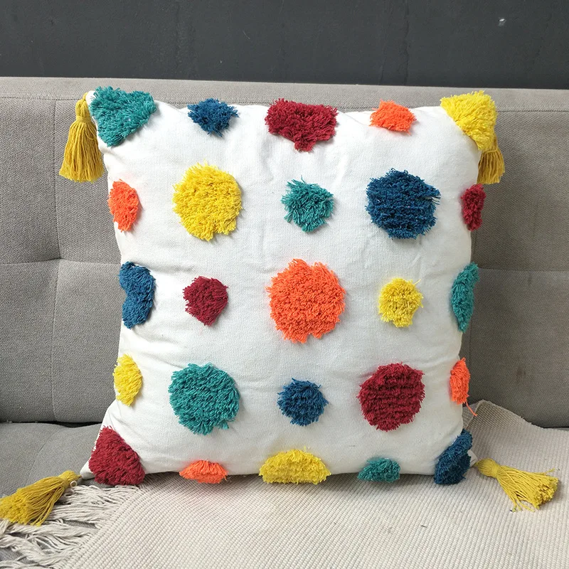 Tufted Cushion Cover with Embroidered Cartoon Sun Smile, Sofa Cushion Cover, Living Room Pillow, Coffee Shop Pillow, 45x45