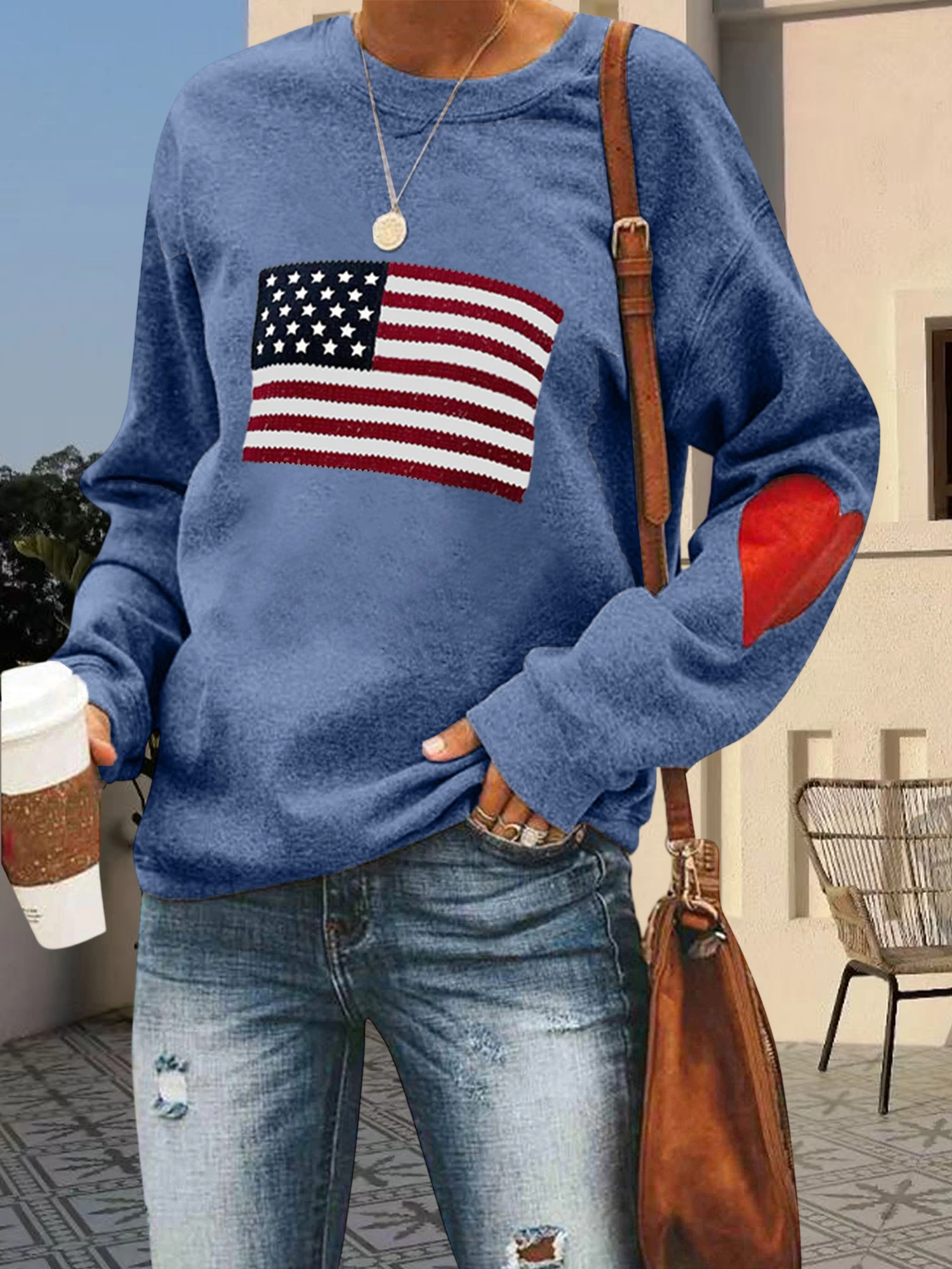 Women s American Flag Print Long Sleeve Round Neck Sweatshirt Pullover Top with Oversized Fit for 4th of July Celebrations