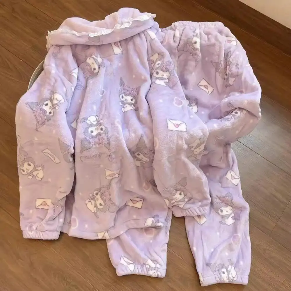 

Женский плюшевый пижамный комплект с героями мультфильмов, 2 шт., Sanrio Kuromi, аниме, осень-зима, утепленные брюки с длинными рукавами для взрослых, милая теплая домашняя одежда