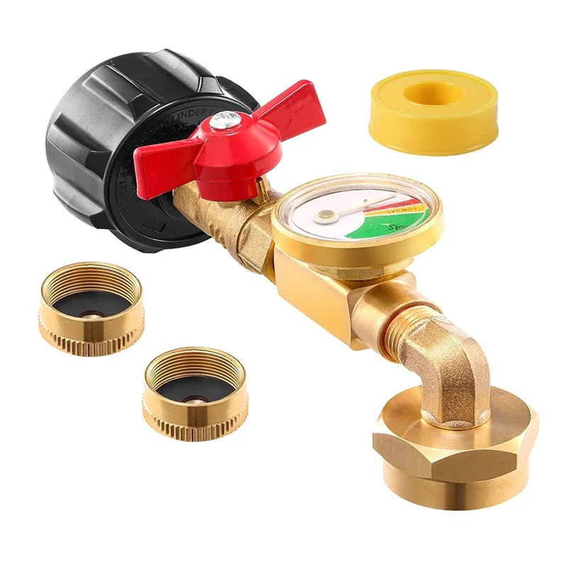 Adaptador de cotovelo de recarga de propano QCC1 com medidor de tanque de propano, adaptador de pressão de recarga de 90 graus com válvula de controle liga-desliga