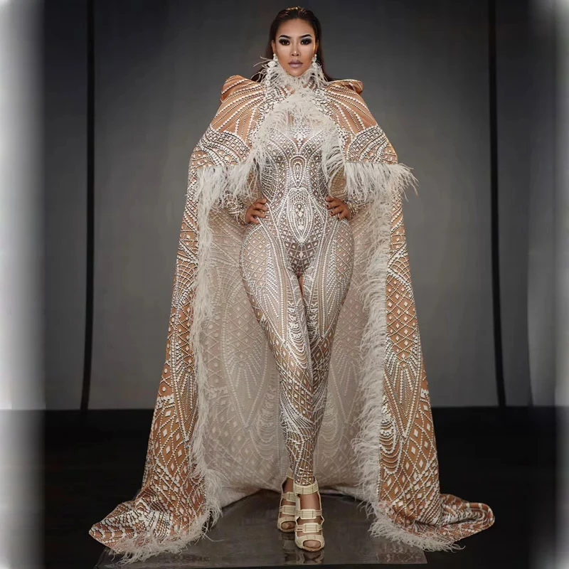 

Feather Cloak Outfit Birthday Dancer Models Catwalk Costume Drag queen Singer Stage Wear 3D Printing Stretch Leotard Jumpsuit