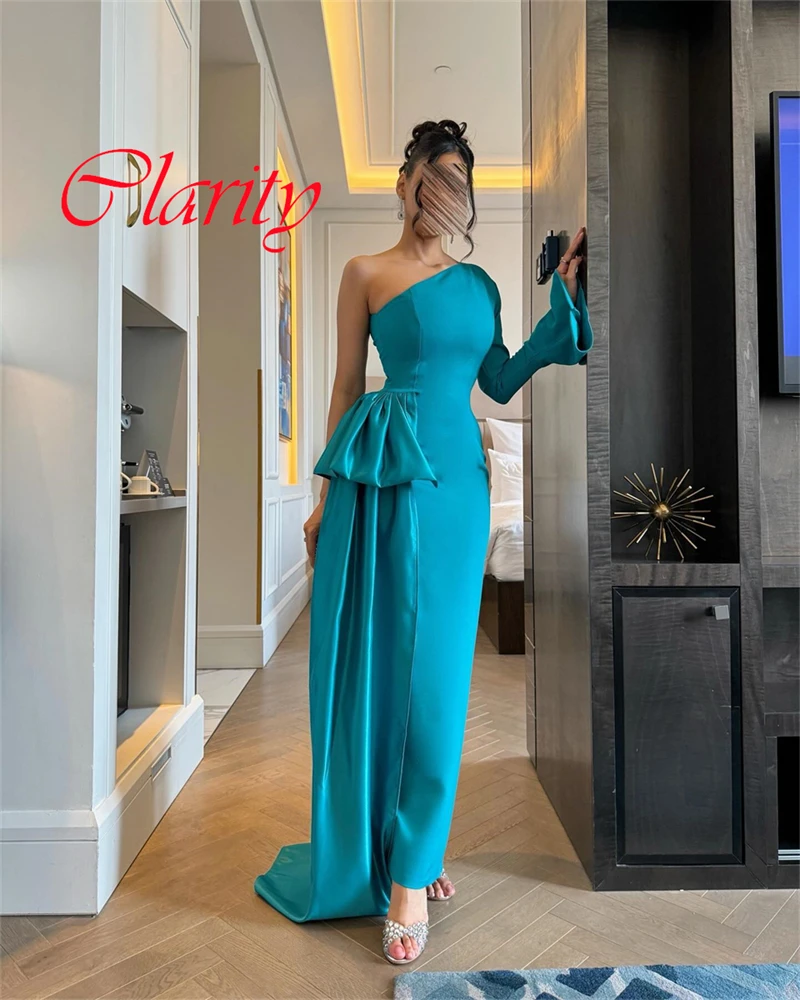 

Customized Delicate Blue Jersey Evening Dress Formal One Shoulder Flare Long Sleeves Zipper Back Mermaid Special Occasion Gowns