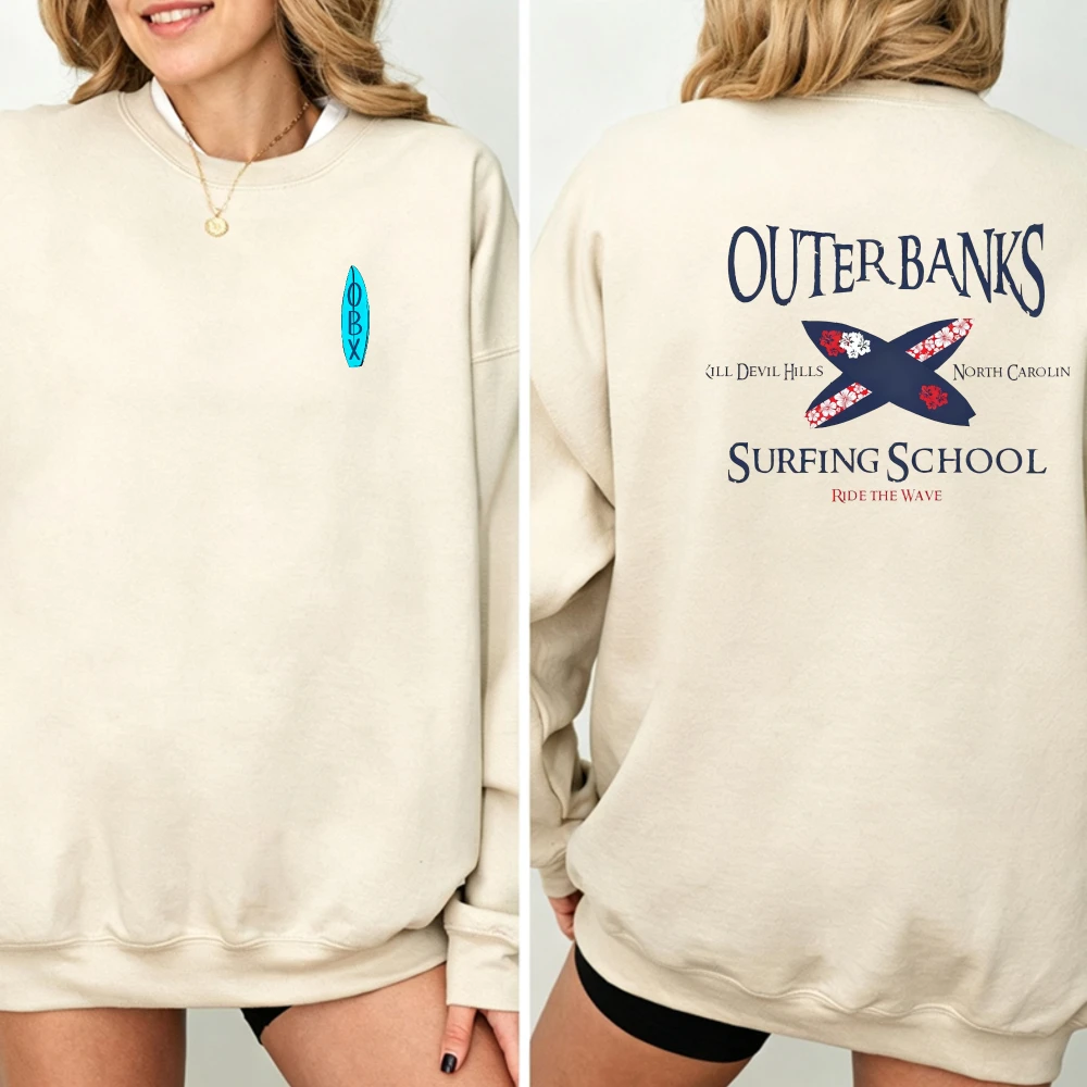 Outer Banks‑Inspired SWEATSHIRT Double‑Sided OBX Surfing School Cross Surfboard Graphic Crewneck Sweatshirt Pullover TV Show Fan