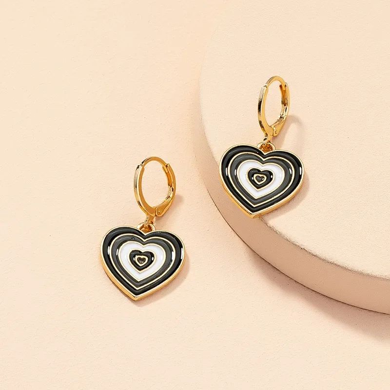 Enamel Multilayer Circle Heart Shaped Dangle Earring for Women Black White Gray Jewelry Temperament Kids Christmas New Year Gift