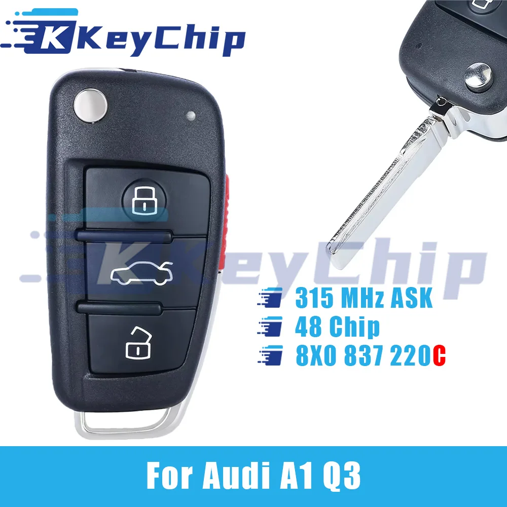 KeyChip For Audi A1 3+1 Buttons Flip Remote Car Key 315 MHz 48 Chip 8X0837220C