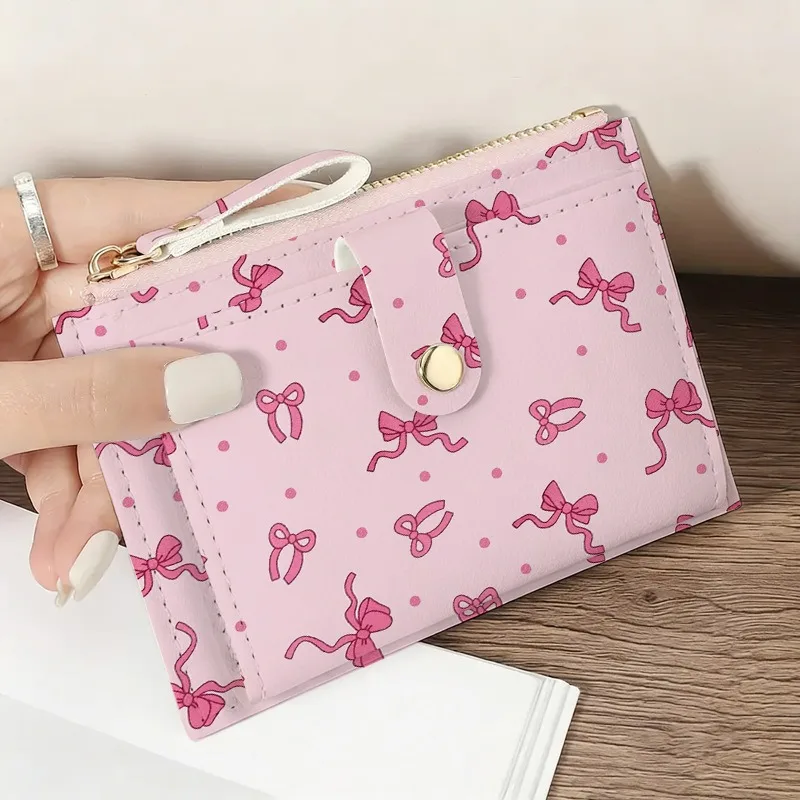 Pink Bow Wallet for Women Simple PU Card Bag Ultra-thin Zipper Coin Purse Small Credit Card Holder Travel Wallet