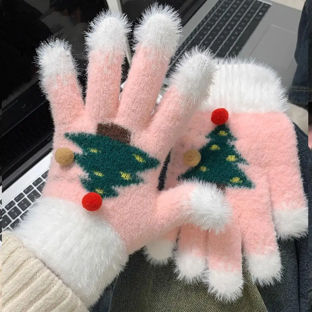

1 Pairs Fluffy Fur Skiing Gloves Full Finger Exposed Fingers Touch Screen Snowflake Christmas Tree Gloves Knit Warm Mittens