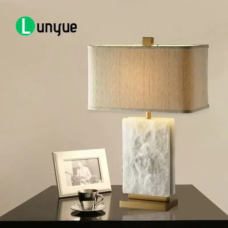 American Natural Snowflake Stone Desk Lamp Elegant Marble Design Modern Style E26 Base Ceramic Metal Linen Shade for Reading
