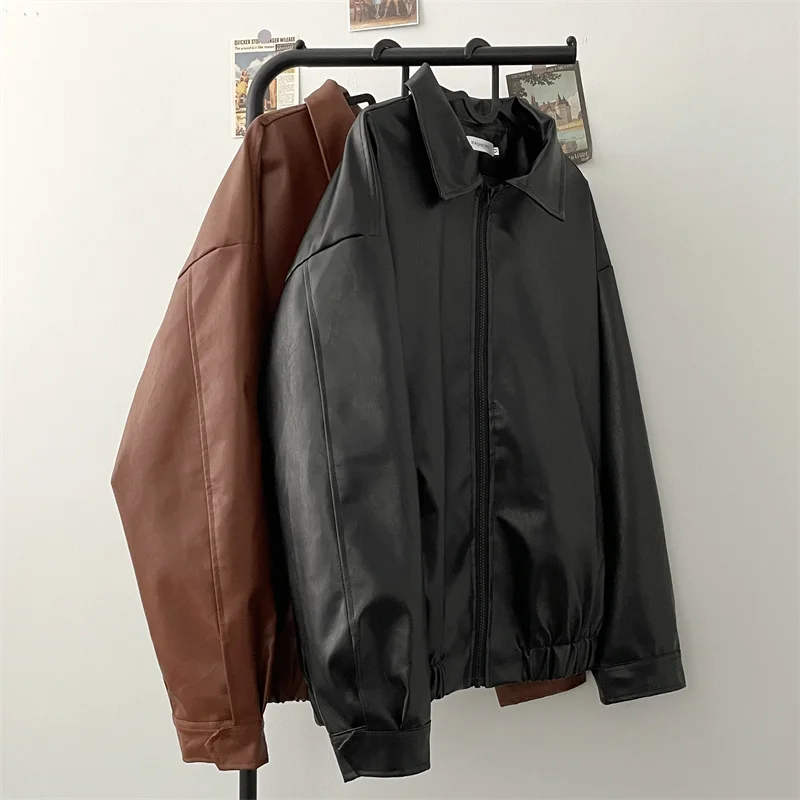

American Style Loose Men's PU Leather Jacket Motorcycle Outerwear Trendy BF Style Vintage Large Size High-End Feelings