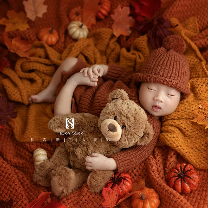 Newborn Photography Props Autumn Baby Knitted Jumpsuit + Hat 2pcs/Set Simulated Pumpkin Maple Leaf Accessory Baby Photo Clothing