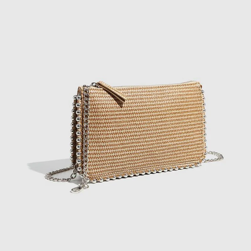 Stylish Women's Straw Weave Envelope Shoulder Bags Classic Bead Chain Designer Elegant Sophisticated Flap Handbags and Wallets